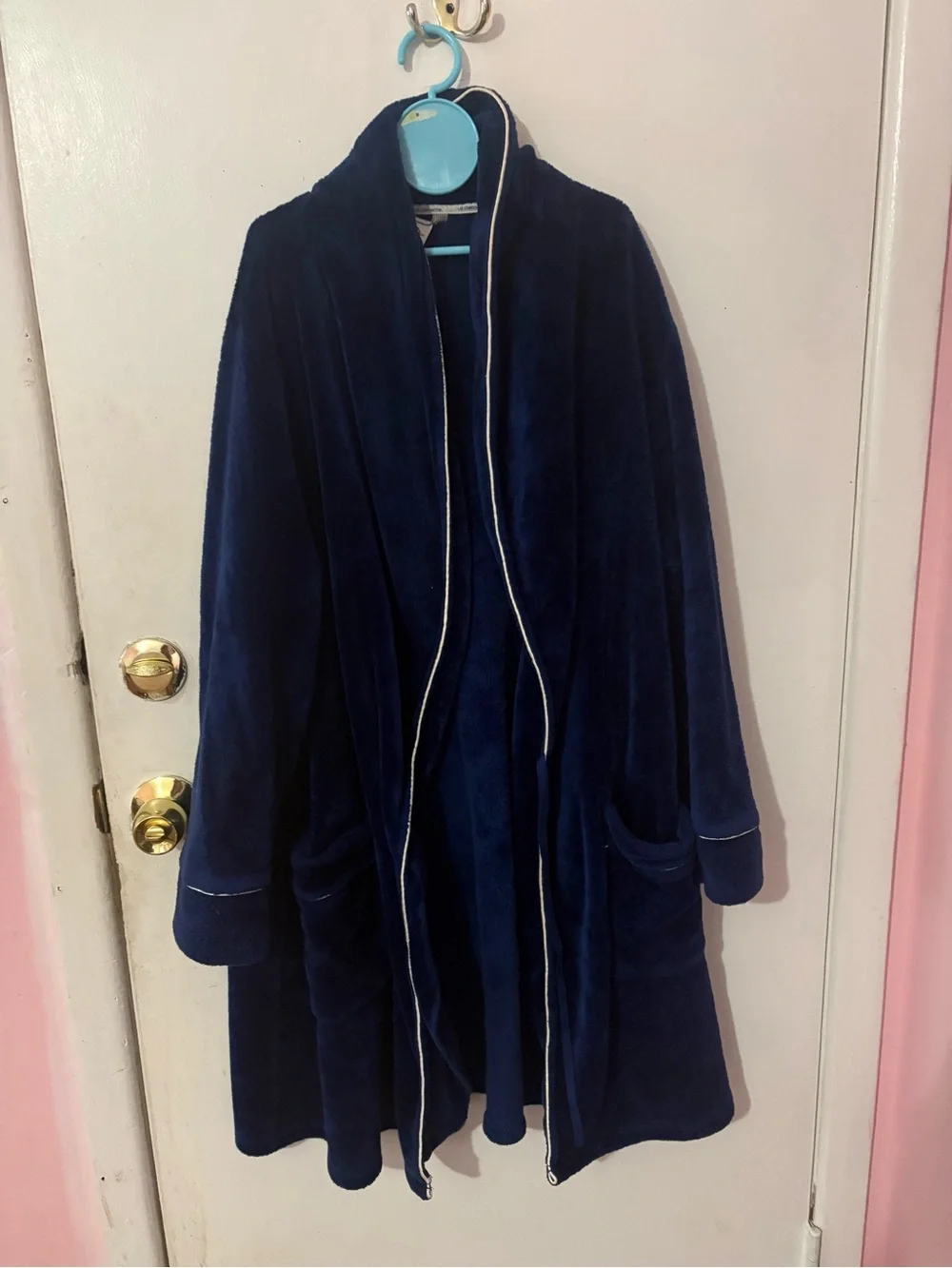 Liz Claiborne Plush Navy Open-Front Teddy Jacket with Piped Trim